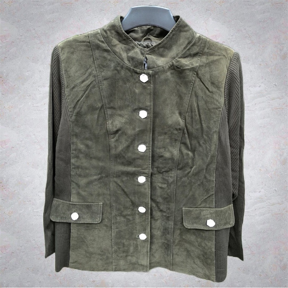 Linea by Louis Dell'Olio Suede Jacket with Knit Sleeves, NWT 26W Olive A259613 - Picture 7 of 13